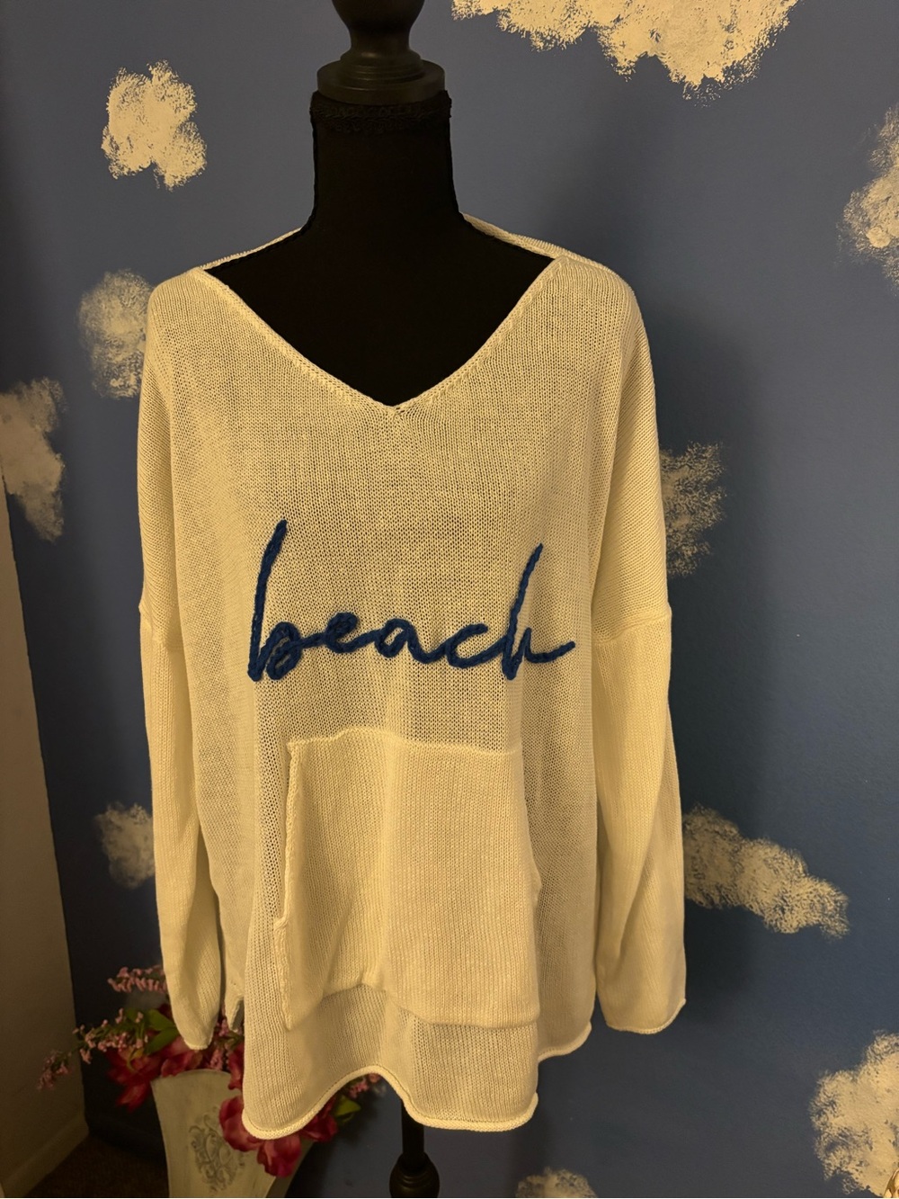 Gilli Cream V-Neck Open Knit Sweater/Coverup with Blue 'beach' Script, Medium